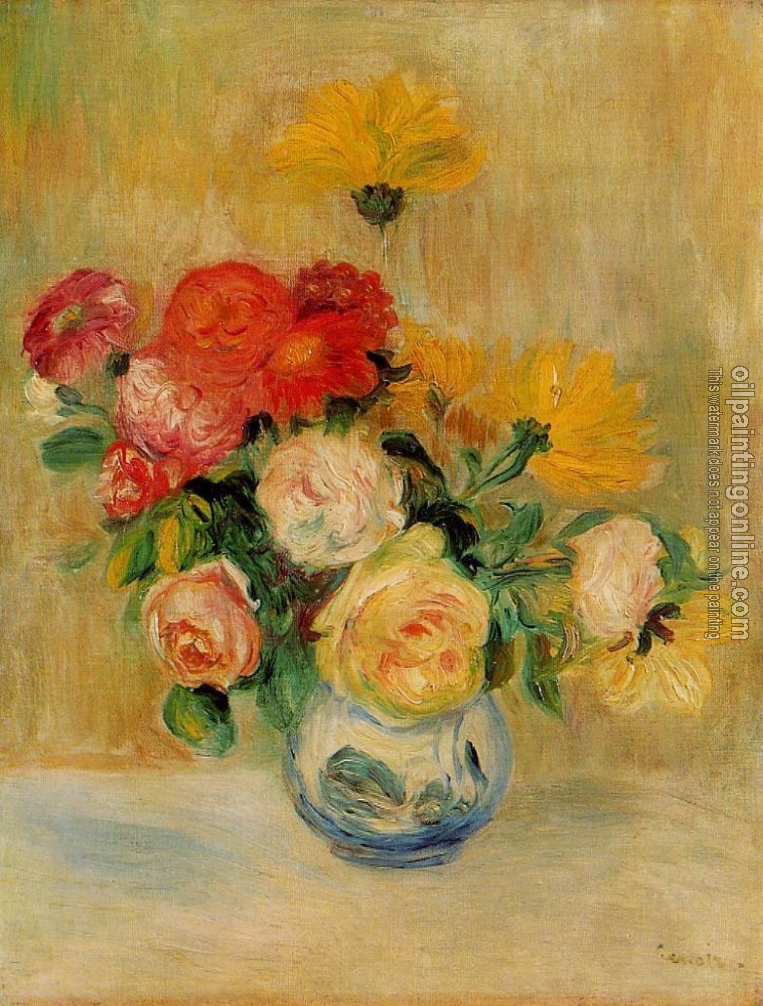 Renoir, Pierre Auguste - Vase of Roses and Dahlias